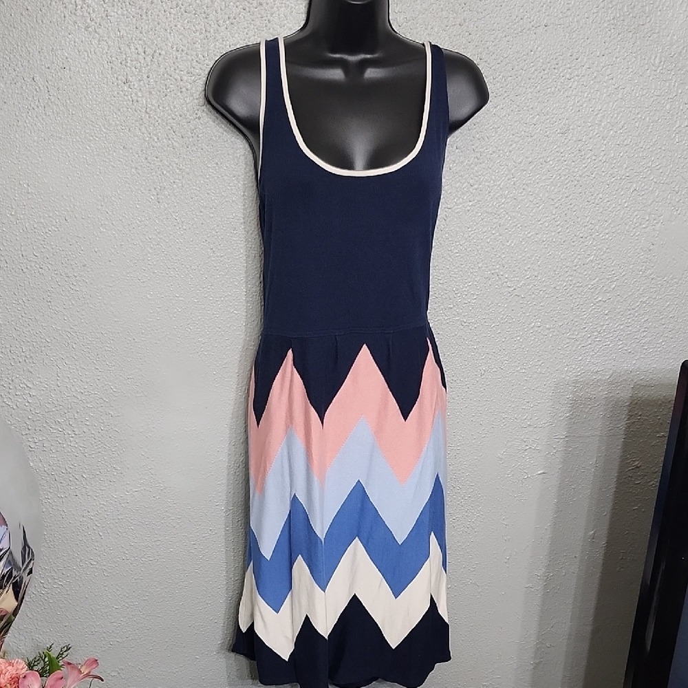 Boden Blue Multicolor Sleeveless dress Knit, Chevron, Pleat, Size 16